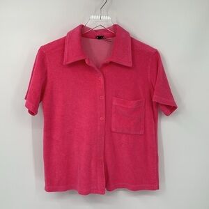Monrow Terry Cloth pocket shirt top blouse pink button front hot magenta new XS